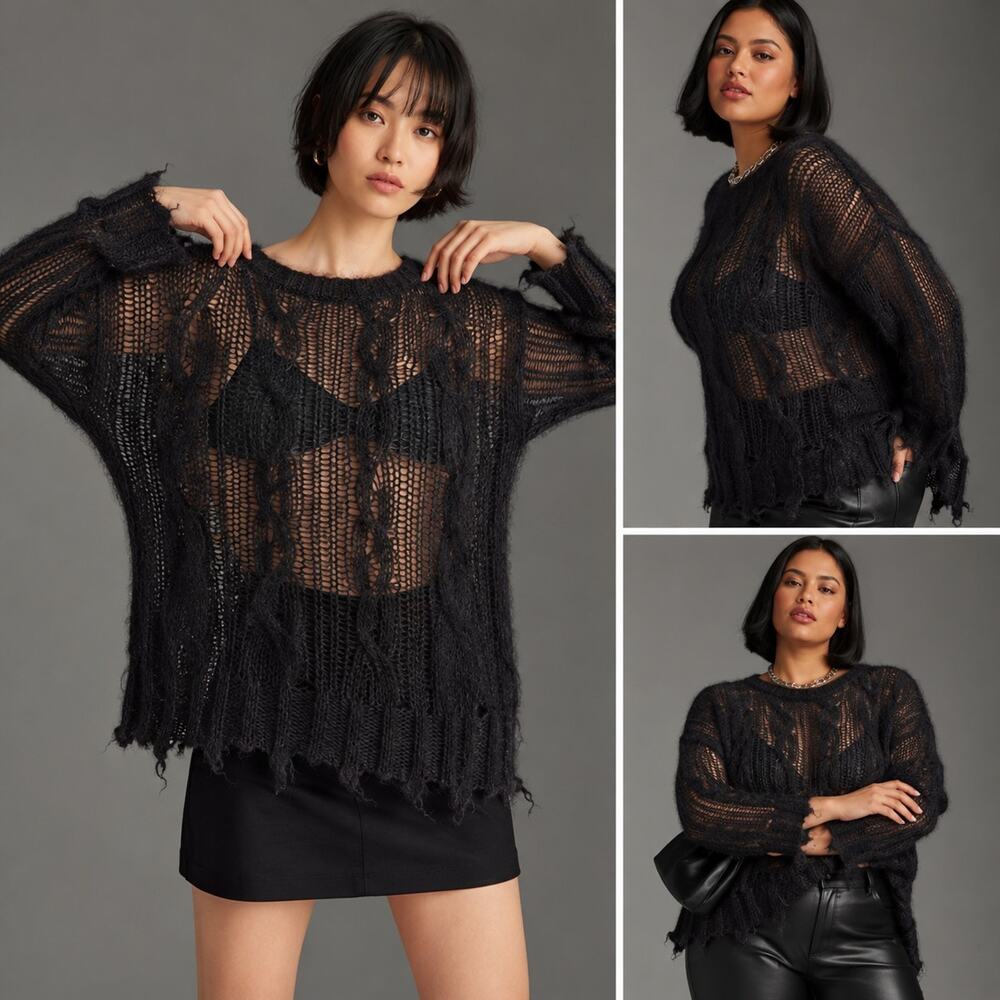 Anthropologie The Posey Distressed Cable Wool Open Knit Sweater Black Italy S